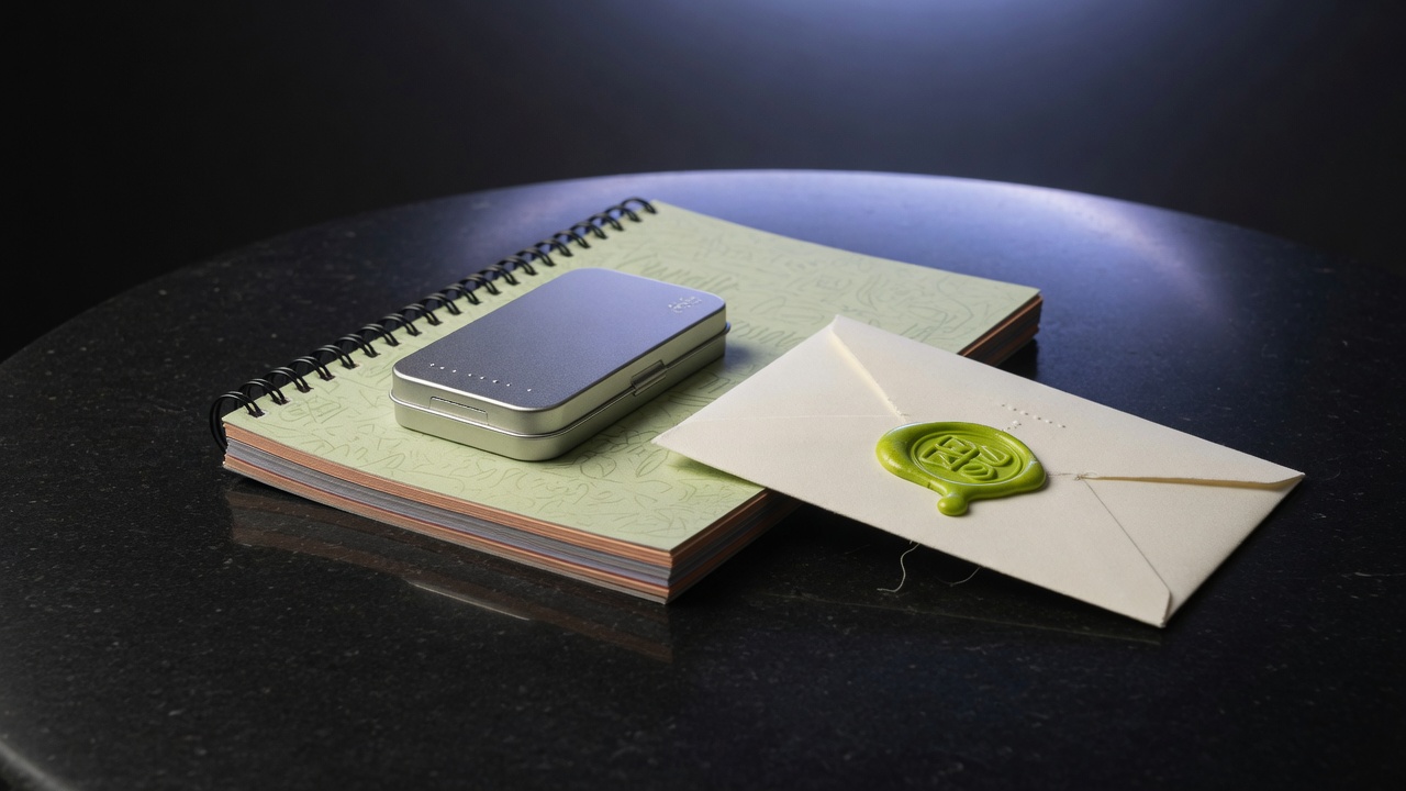 Metal case, playbook, and lime wax seal on black stone