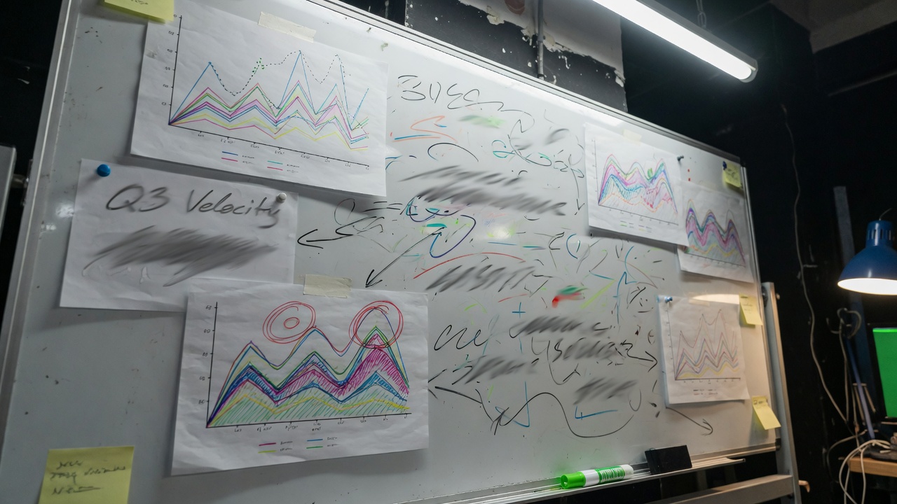 Dark studio war-room whiteboard and traffic printouts