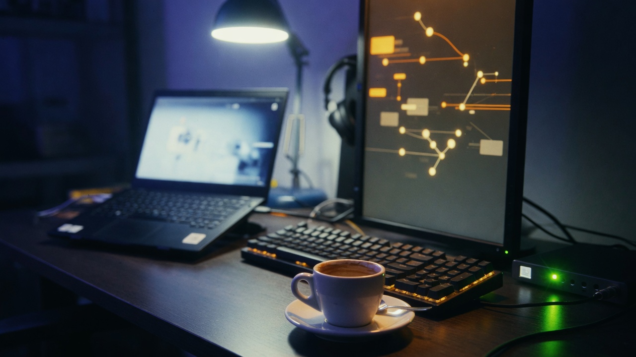 Night desk with workflow monitor, keyboard, espresso, lime LED