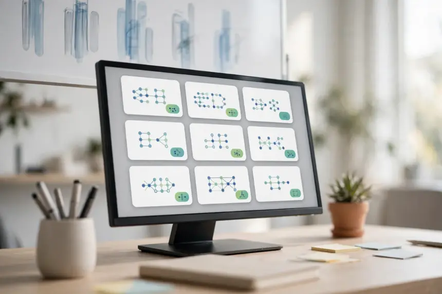 Agency automation priced per client: a grid of client workflow cards with cost chips on a monitor