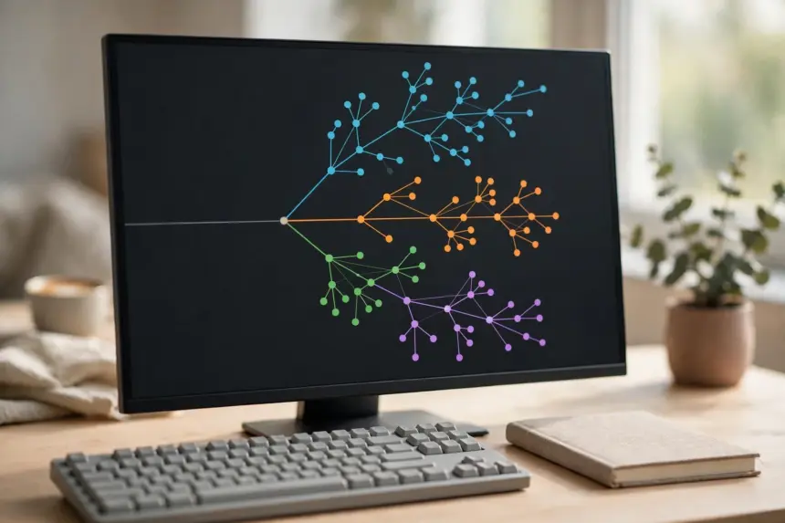 AI agent frameworks compared: four branching workflow paths glowing on a developer monitor