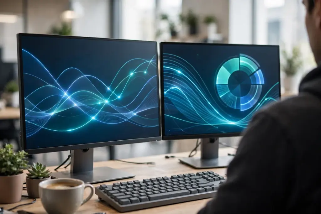 Developer workspace with dual monitors showing AI API token usage and cost analytics