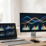 AI API pricing comparison dashboards on a laptop and monitor showing cost charts for GPT, Claude and Gemini models