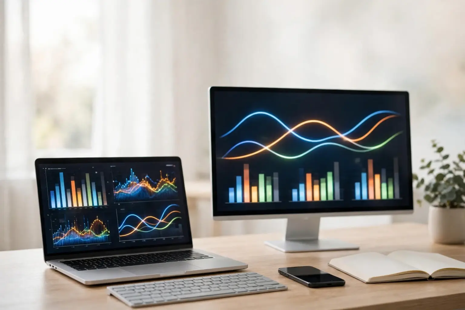 AI API pricing comparison dashboards on a laptop and monitor showing cost charts for GPT, Claude and Gemini models