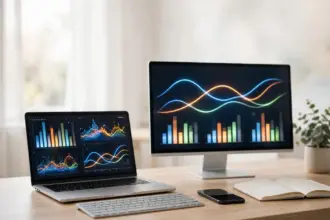 AI API pricing comparison dashboards on a laptop and monitor showing cost charts for GPT, Claude and Gemini models