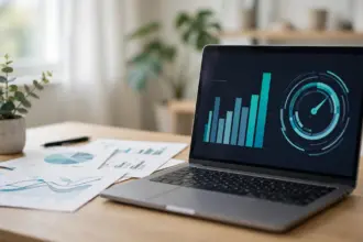 AI automation ROI measured on a business analytics dashboard with an upward growth chart