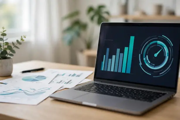 AI automation ROI measured on a business analytics dashboard with an upward growth chart