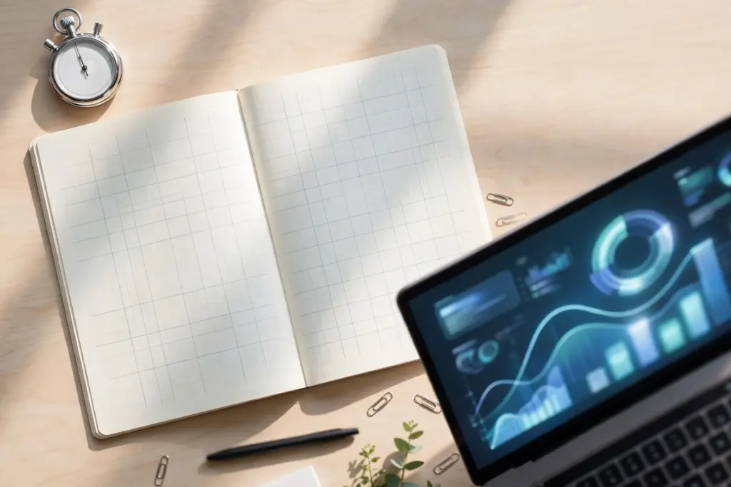 Two-week time audit for automation ROI: stopwatch, work log and laptop on a desk