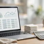 AI bookkeeping automation on an accountant's desk: laptop ledger, receipts and calculator