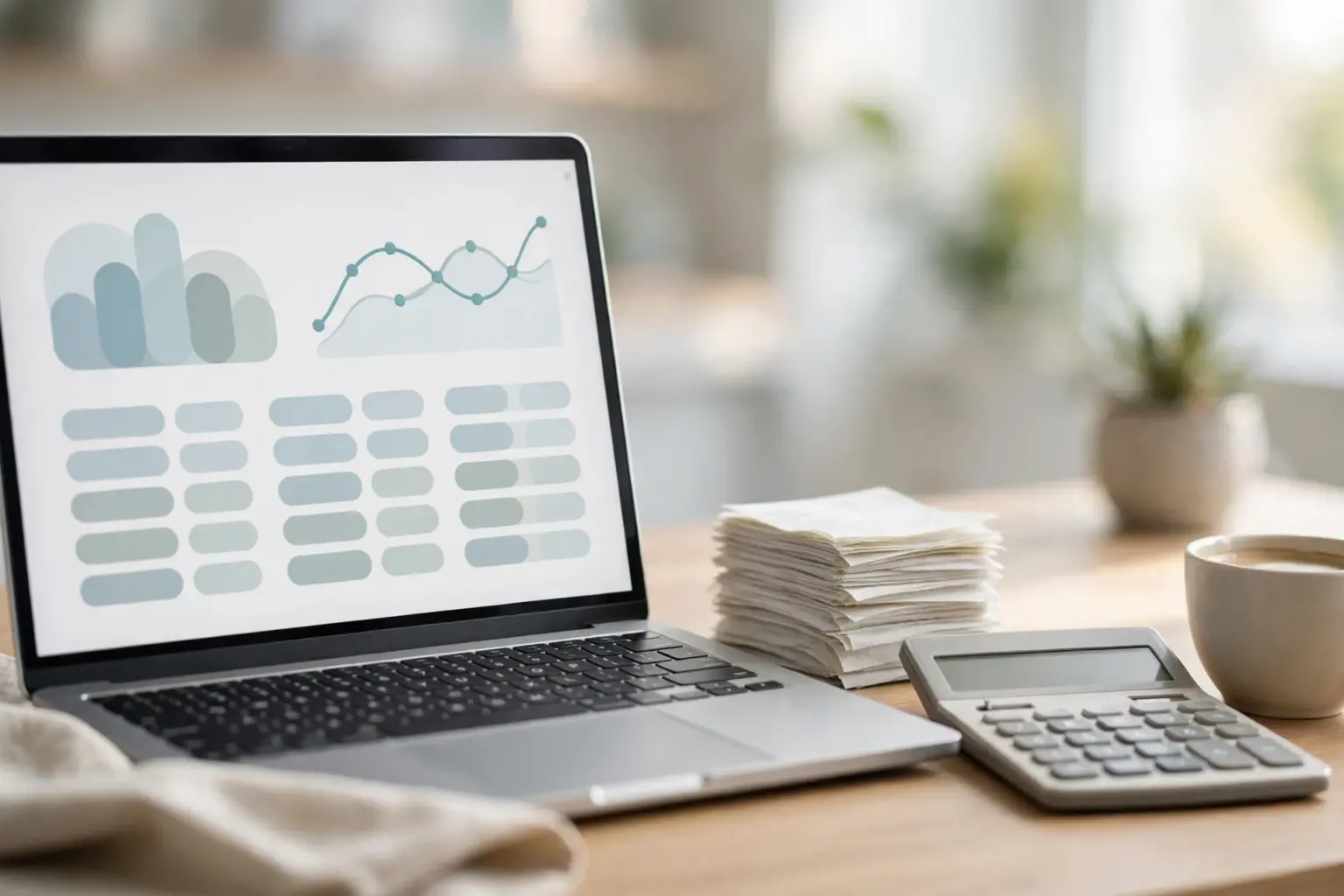 AI bookkeeping automation on an accountant's desk: laptop ledger, receipts and calculator