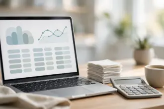AI bookkeeping automation on an accountant's desk: laptop ledger, receipts and calculator