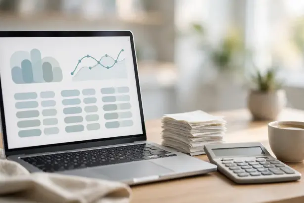 AI bookkeeping automation on an accountant's desk: laptop ledger, receipts and calculator