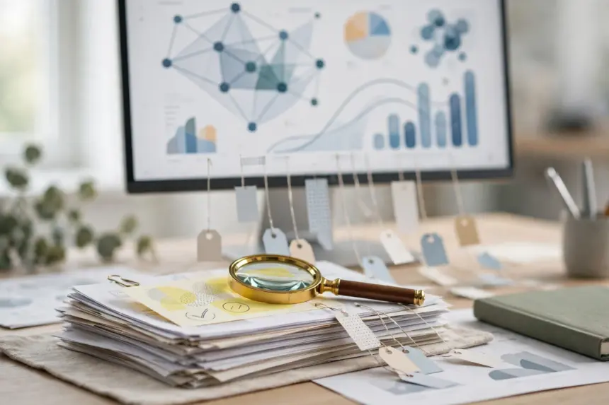 The citation trust test for AI research tools: an answer's footnotes traced back to source documents on a desk