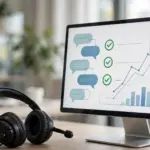AI support per-resolution pricing: support dashboard with resolved tickets and a headset on the desk