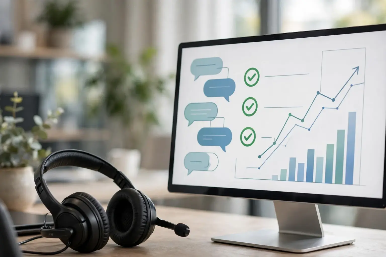 AI support per-resolution pricing: support dashboard with resolved tickets and a headset on the desk