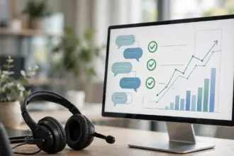 AI support per-resolution pricing: support dashboard with resolved tickets and a headset on the desk