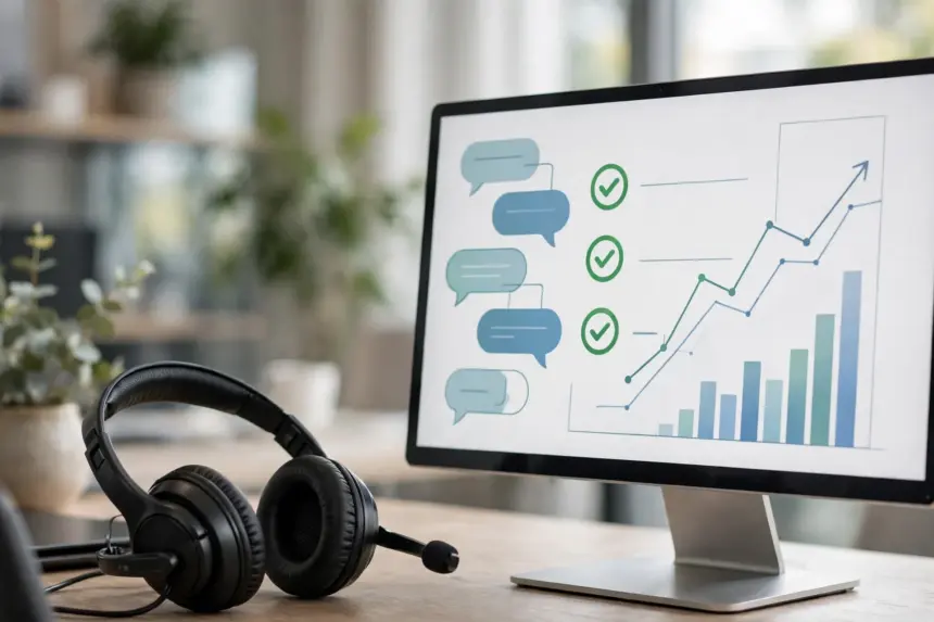 AI support per-resolution pricing: support dashboard with resolved tickets and a headset on the desk