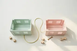 Two pastel shipping crates connected by cable — migrating containerized systems
