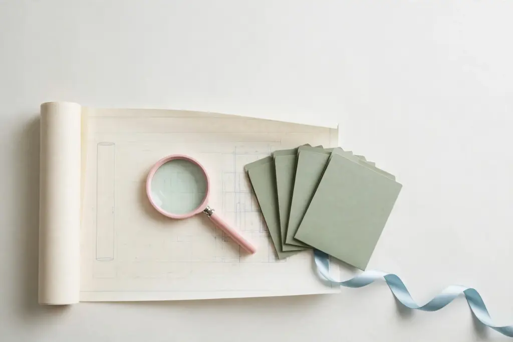 Flat-lay: unrolled blueprint with a pink magnifying glass and green file folders, symbolizing auditing and exporting automation scenarios