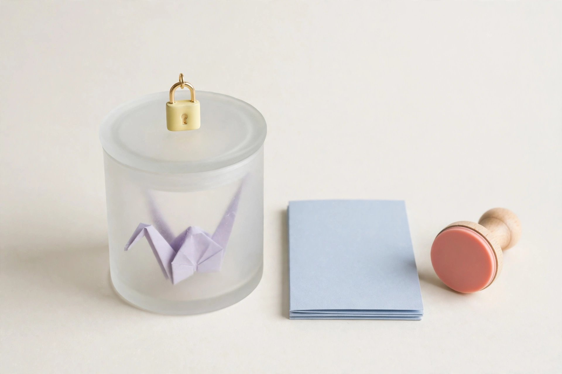 Flat-lay: frosted glass jar with a padlock charm holding a lavender paper crane beside a coral approval stamp, symbolizing a sandboxed agent awaiting human approval
