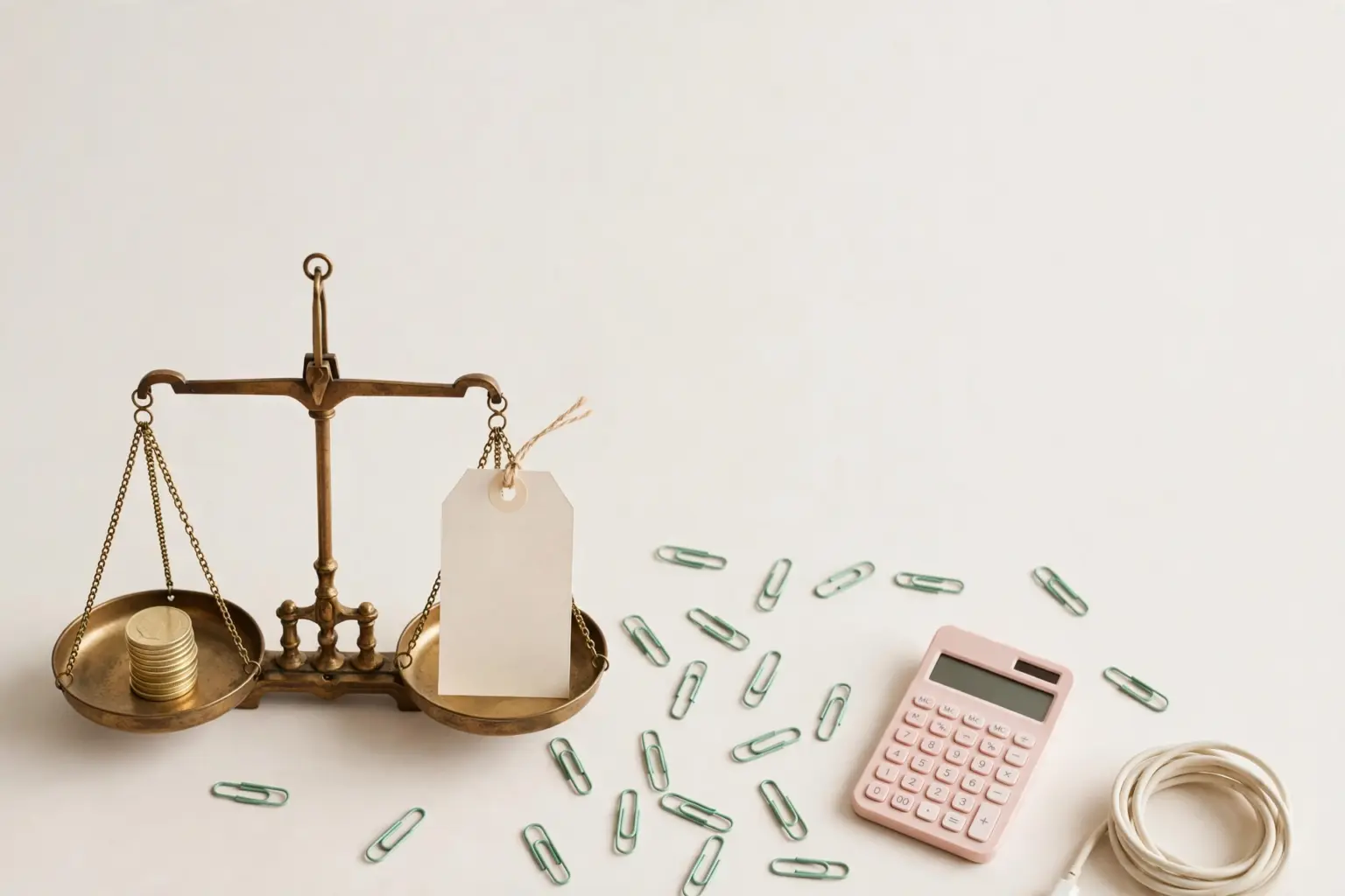 Flat-lay: vintage brass balance scale with gold coins on one pan and a paper invoice tag on the other, surrounded by pastel office props