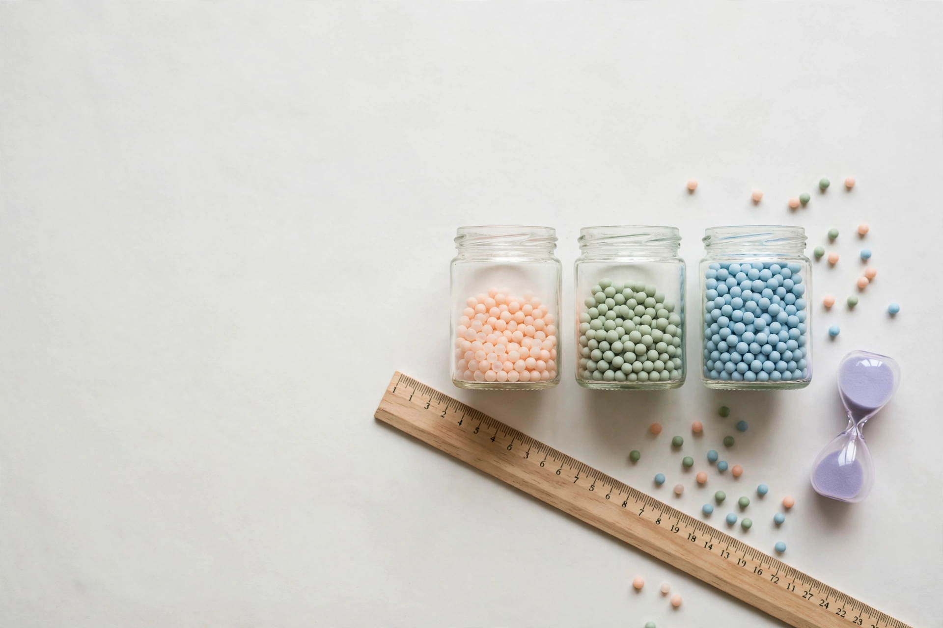 Flat-lay: three glass jars filled with pastel beads at different levels beside a wooden ruler and a lavender hourglass, symbolizing measured cost comparison