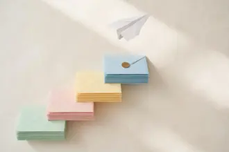 Flat-lay: four-step staircase built from stacked pastel envelopes ascending left to right with a brass coin on the top step and a paper airplane above