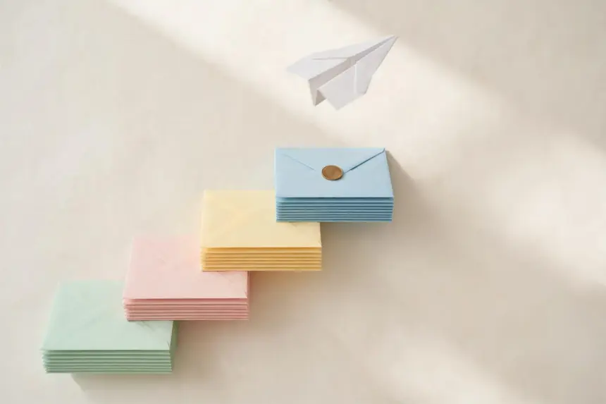 Flat-lay: four-step staircase built from stacked pastel envelopes ascending left to right with a brass coin on the top step and a paper airplane above