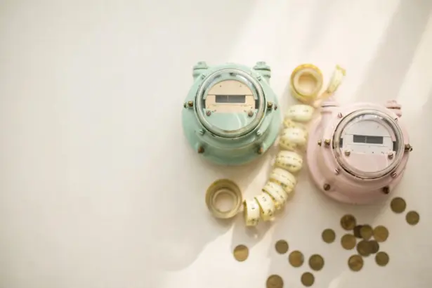 Flat-lay: two vintage-style utility meters side by side with a coiled measuring tape and brass coins, symbolizing double metering