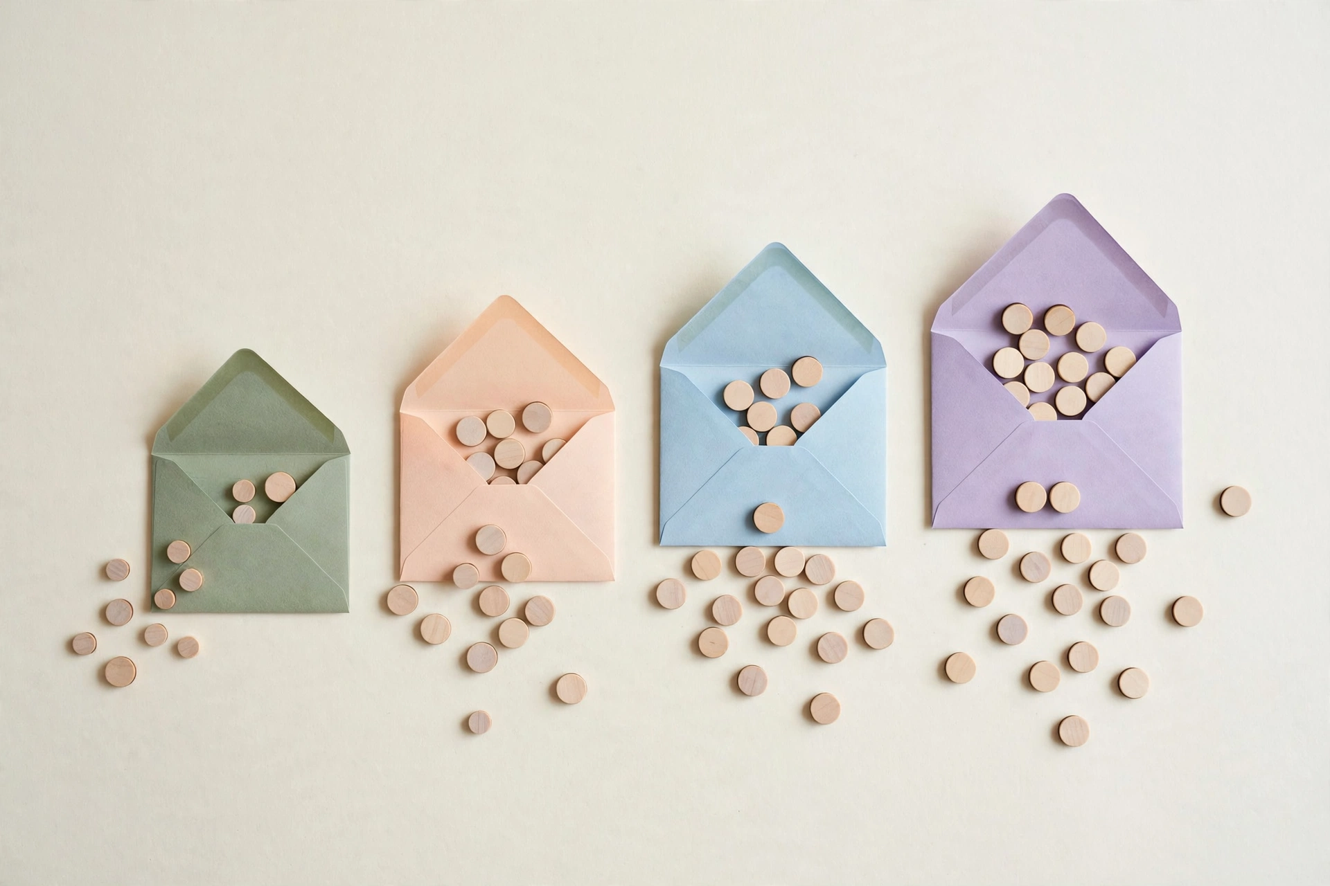 Flat-lay: four pastel envelopes arranged like an ascending bar chart with wooden tokens spilling out, symbolizing cost comparison