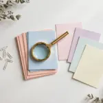 Flat-lay: pastel index cards with a brass magnifying glass resting on soft blue and peach card stacks, symbolizing sorting and qualifying leads