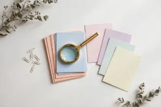 Flat-lay: pastel index cards with a brass magnifying glass resting on soft blue and peach card stacks, symbolizing sorting and qualifying leads