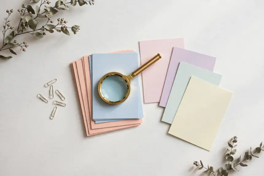 Flat-lay: pastel index cards with a brass magnifying glass resting on soft blue and peach card stacks, symbolizing sorting and qualifying leads