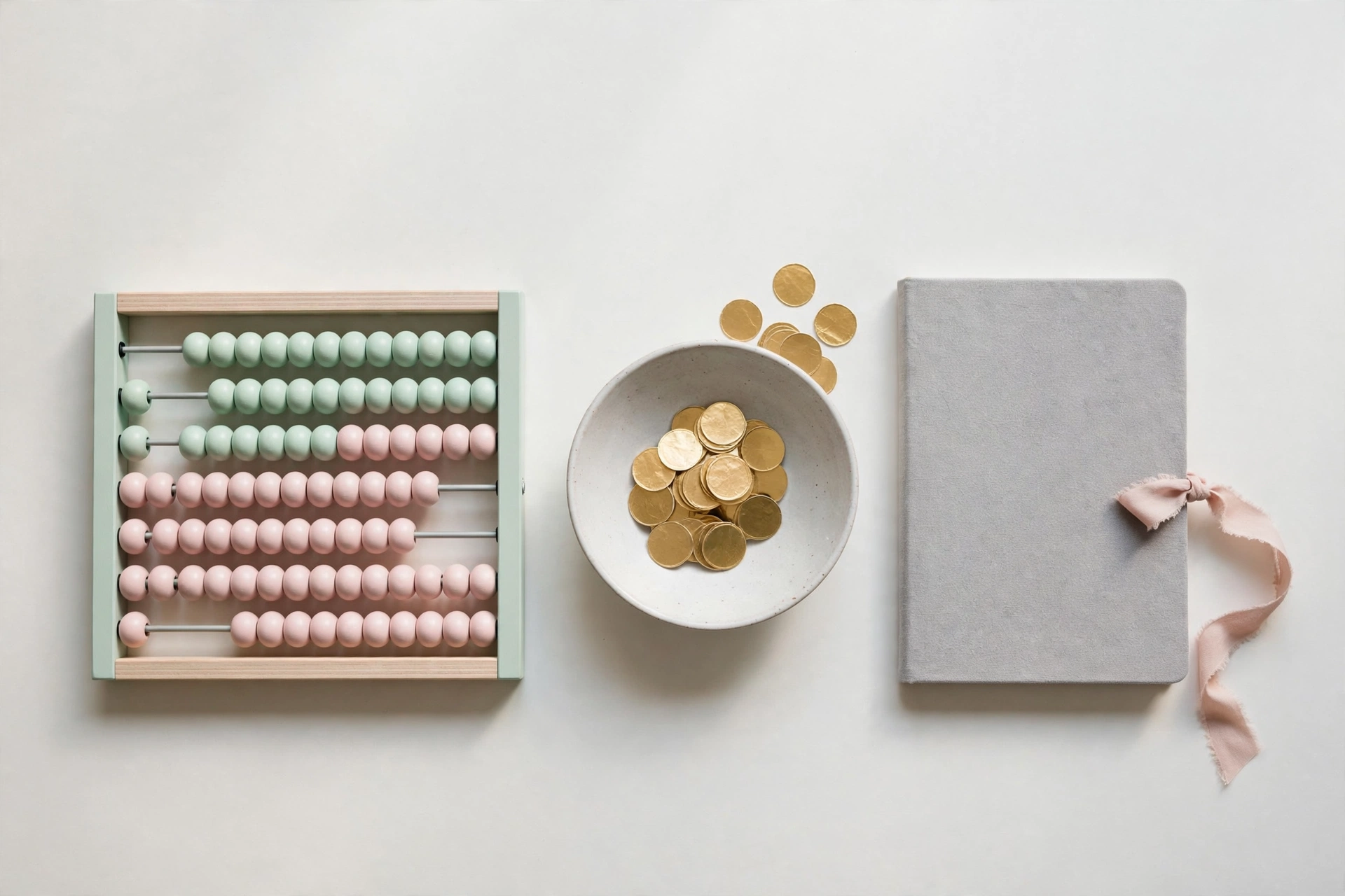 Flat-lay: pastel abacus in mint and blush beside a ceramic bowl of gold paper coins and a grey notebook, symbolizing per-lead cost accounting