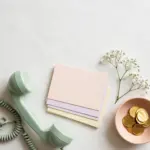 Flat-lay: mint-green vintage telephone handset beside pastel appointment cards and a peach dish of gold coins, symbolizing an AI-answered local business phone