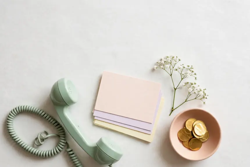 Flat-lay: mint-green vintage telephone handset beside pastel appointment cards and a peach dish of gold coins, symbolizing an AI-answered local business phone