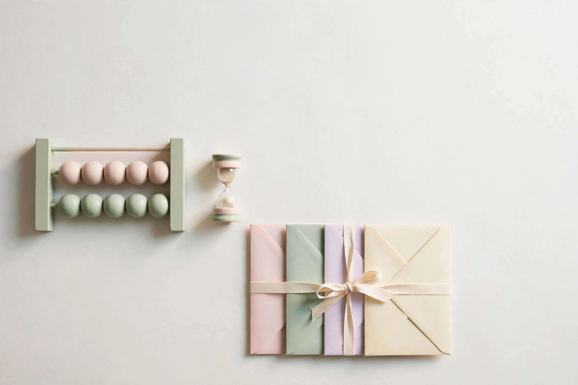 Flat-lay: pastel abacus in blush and sage next to a ceramic hourglass and pastel envelopes tied with ribbon, symbolizing per-minute cost and retainer billing