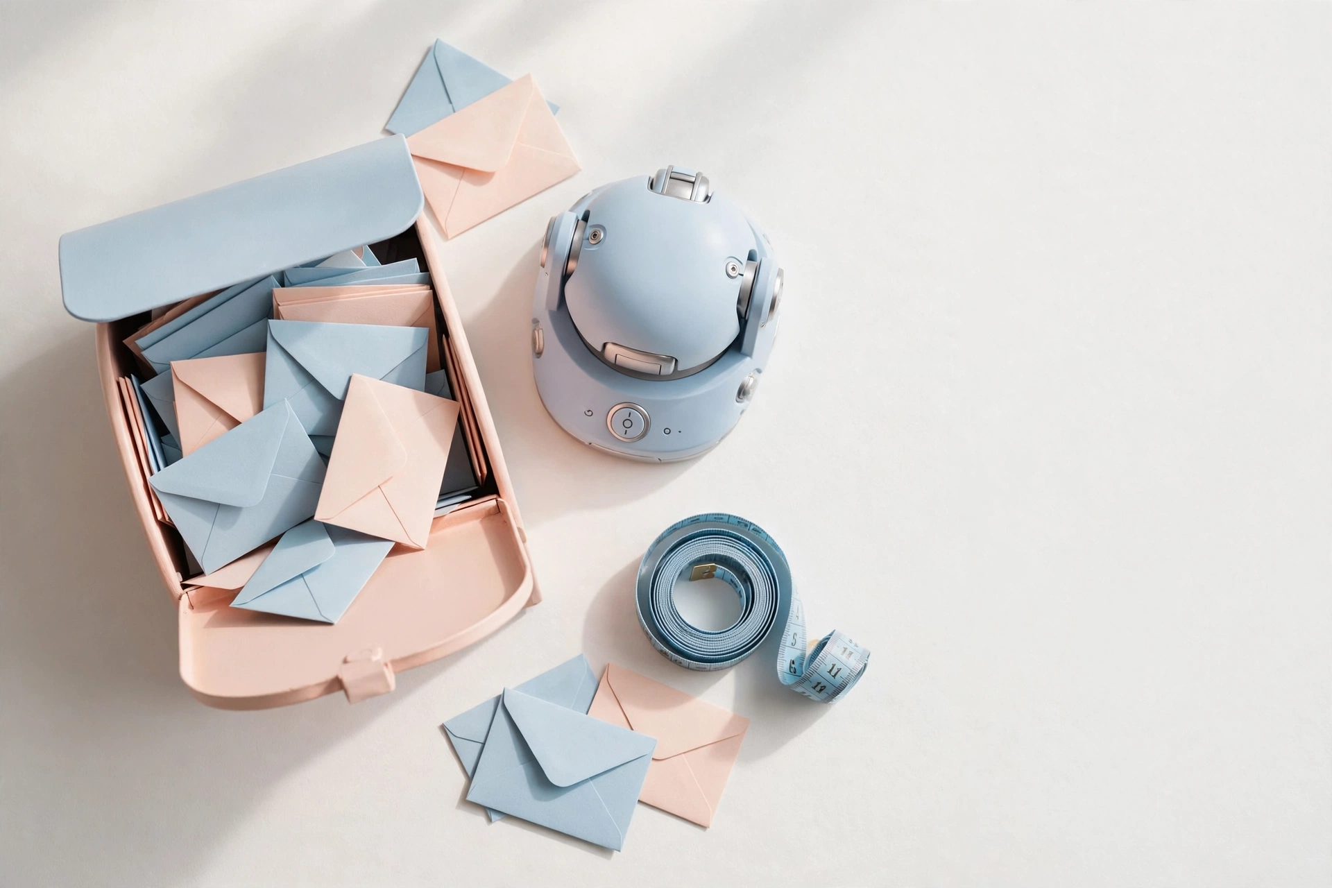 Flat-lay: pastel mailbox overflowing with small envelopes beside a robotic-style desk bell and coiled measuring tape, powder blue and peach palette