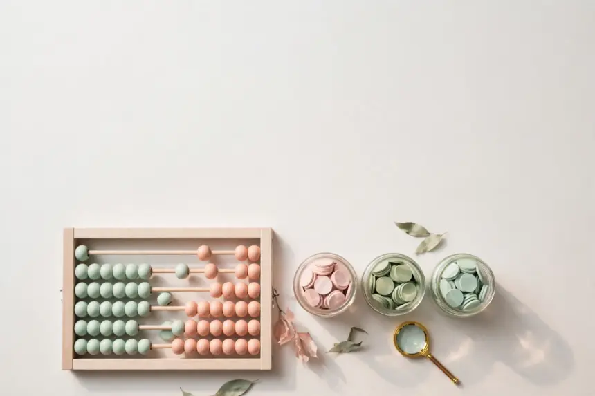 Flat-lay: pastel abacus with mint and peach beads beside three glass jars of pastel coins and a tiny magnifying glass, blush pink and sage palette