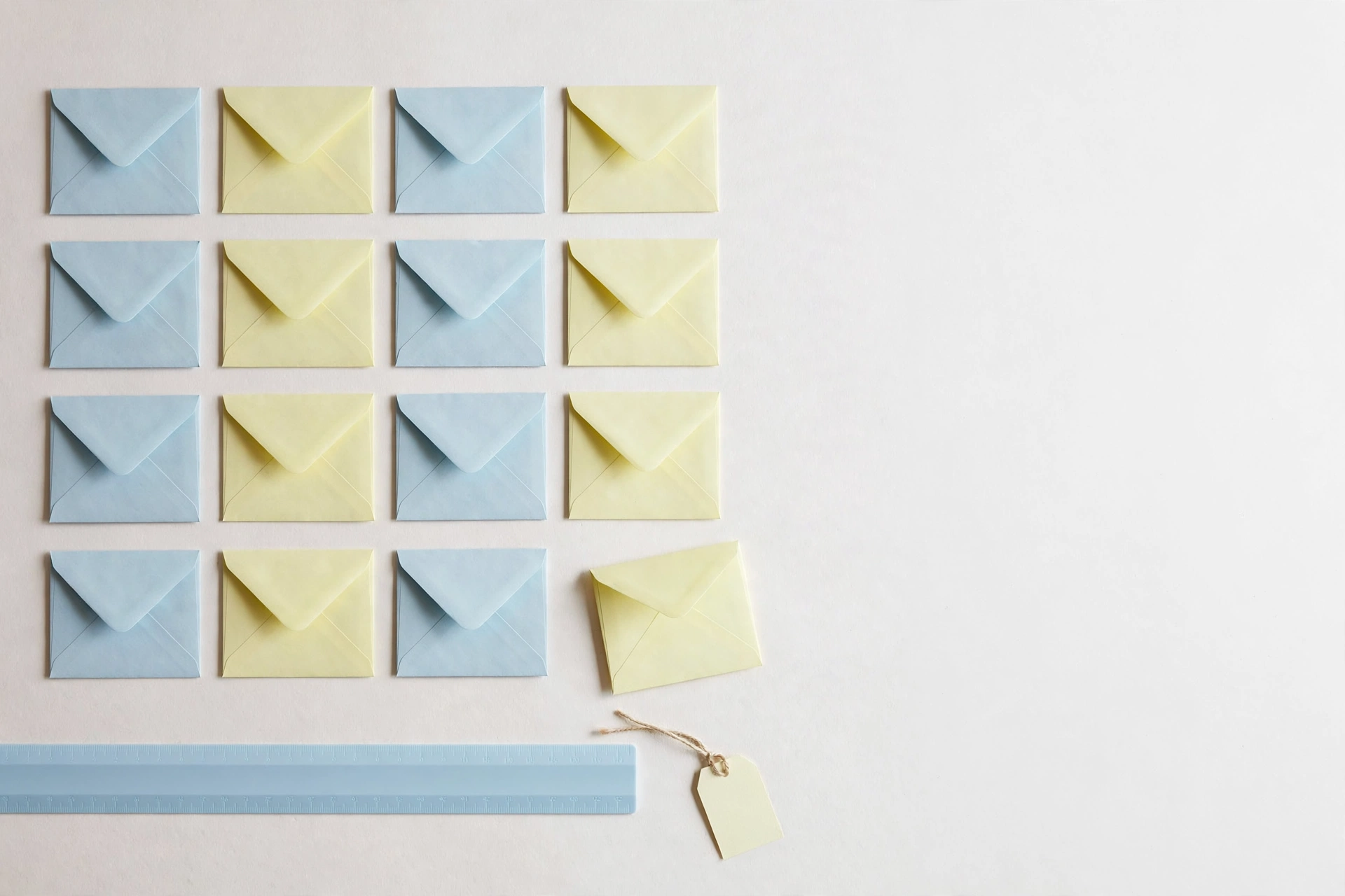 Flat-lay: neat grid of small pastel envelopes arranged like data rows beside a pastel ruler and paper tag, powder blue and lemon palette