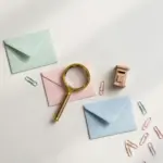 Flat-lay: diagonal row of small pastel envelopes beside a tiny wooden postbox model and a brass magnifying glass, symbolizing clean deliverable mail