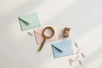 Flat-lay: diagonal row of small pastel envelopes beside a tiny wooden postbox model and a brass magnifying glass, symbolizing clean deliverable mail
