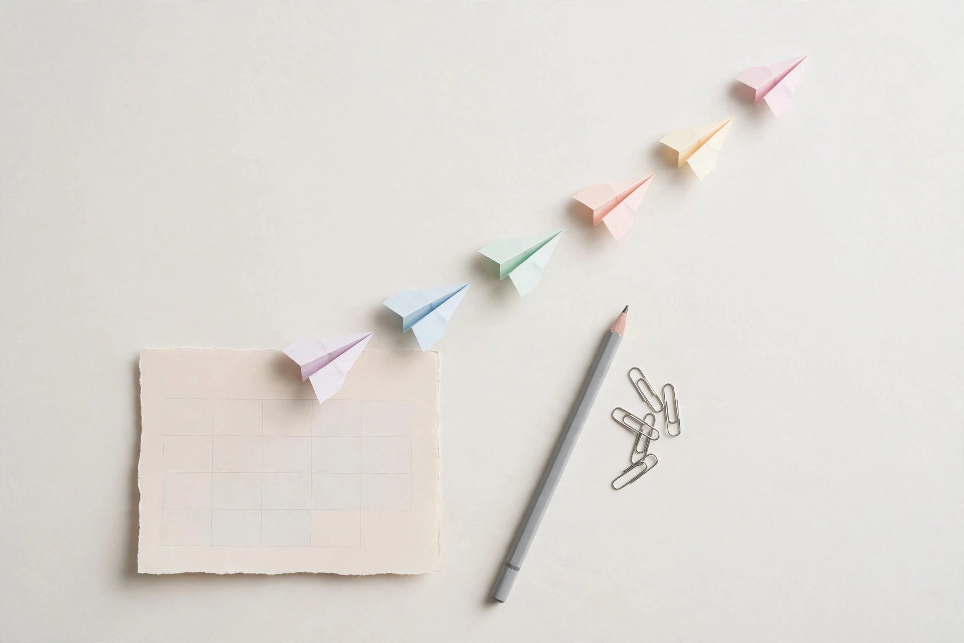 Flat-lay: small paper calendar page with tiny pastel paper airplanes ascending diagonally, a grey pencil and silver paper clips beside, symbolizing the warmup ramp