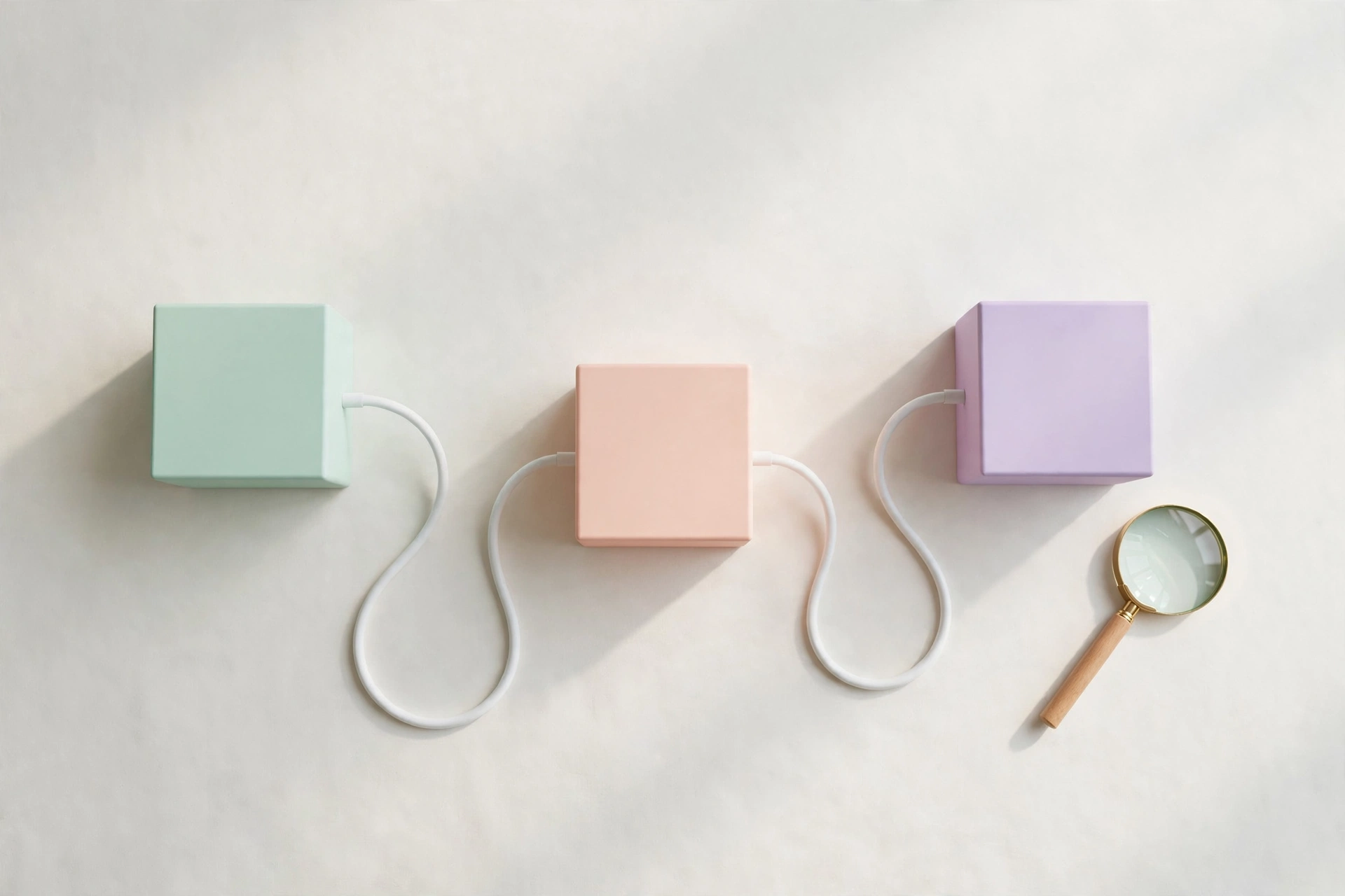 Flat-lay: pastel cubes in mint, peach and lavender linked by thin white tubes like pipes, with a small magnifying glass beside, symbolizing workflows compared step by step