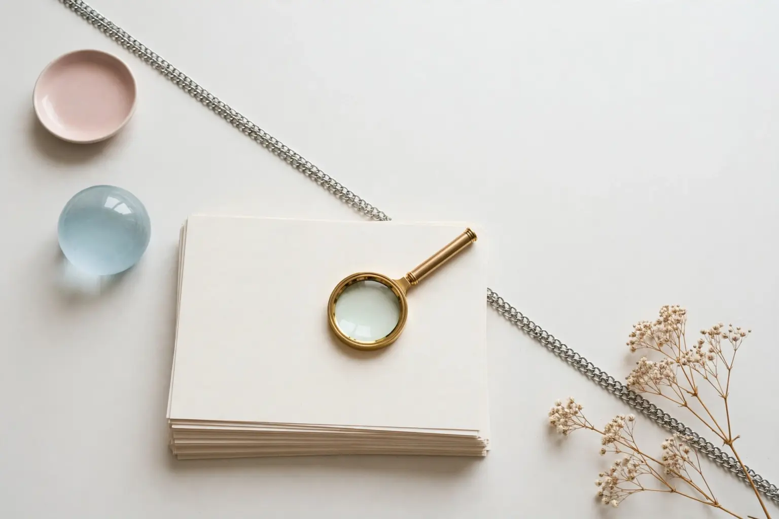 Flat-lay: brass magnifying glass on a stack of cream paper sheets with a chain of silver links running diagonally, symbolizing information linked into a chain