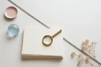 Flat-lay: brass magnifying glass on a stack of cream paper sheets with a chain of silver links running diagonally, symbolizing information linked into a chain