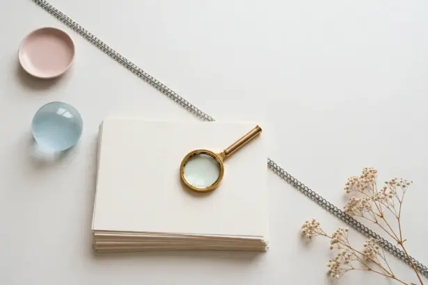 Flat-lay: brass magnifying glass on a stack of cream paper sheets with a chain of silver links running diagonally, symbolizing information linked into a chain