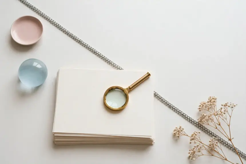 Flat-lay: brass magnifying glass on a stack of cream paper sheets with a chain of silver links running diagonally, symbolizing information linked into a chain