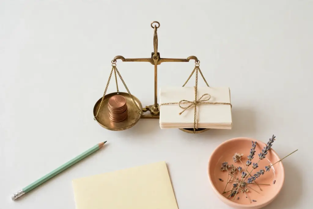Flat-lay: brass balance scale with copper coins on one pan and blank index cards on the other, symbolizing weighing free vs paid research