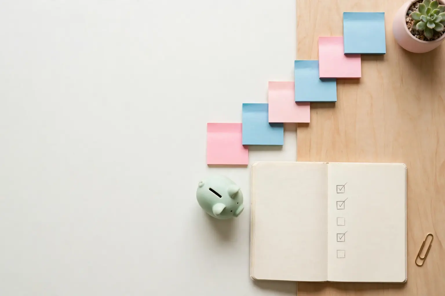 Flat-lay: small wooden desk scene with a cream notebook open to a checklist, a mint-green piggy bank, and pastel sticky notes in a rising staircase